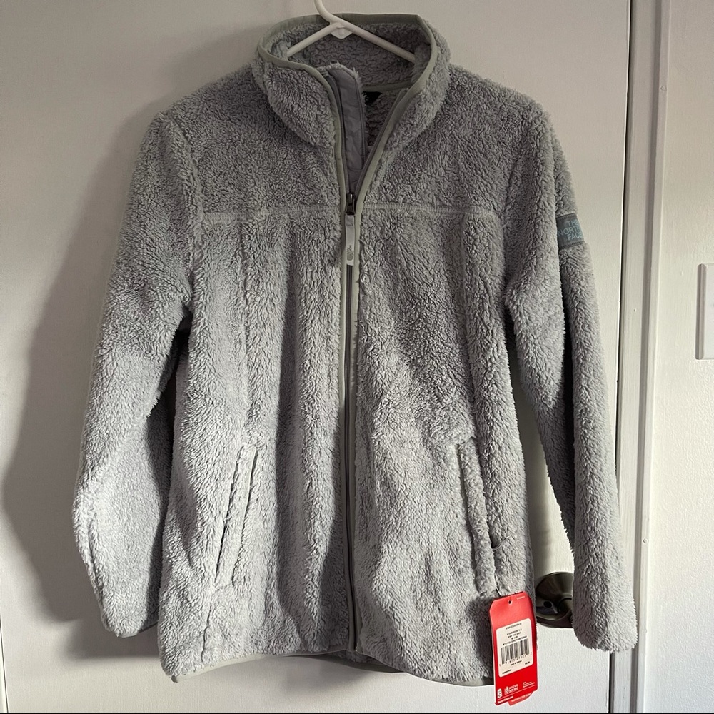 gray fuzzy north face